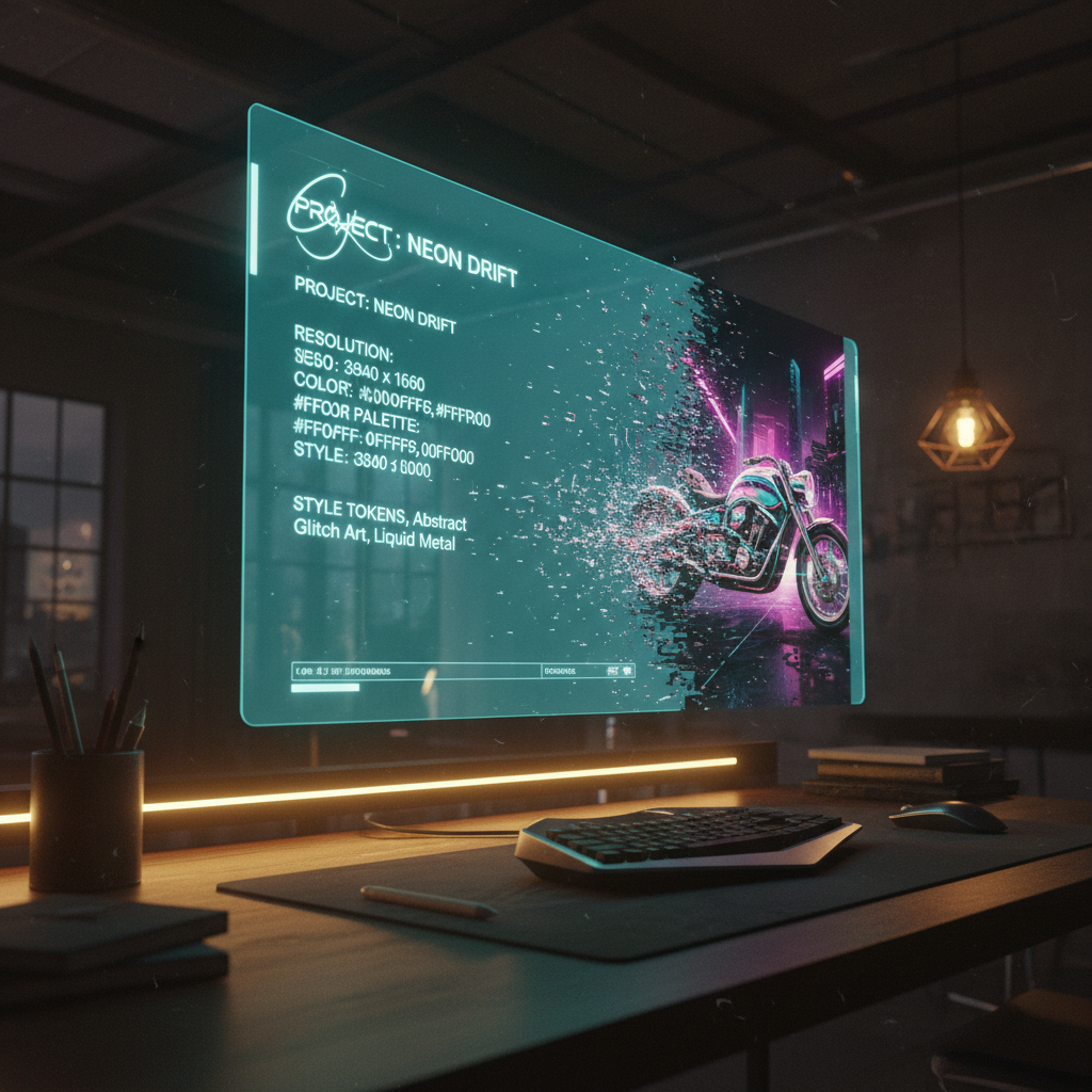 AI spec-driven creation — a holographic spec sheet of precise parameters and style tokens producing an on-spec poster, dark studio lighting with warm yellow highlights, created with the AI spec-driven creation tool