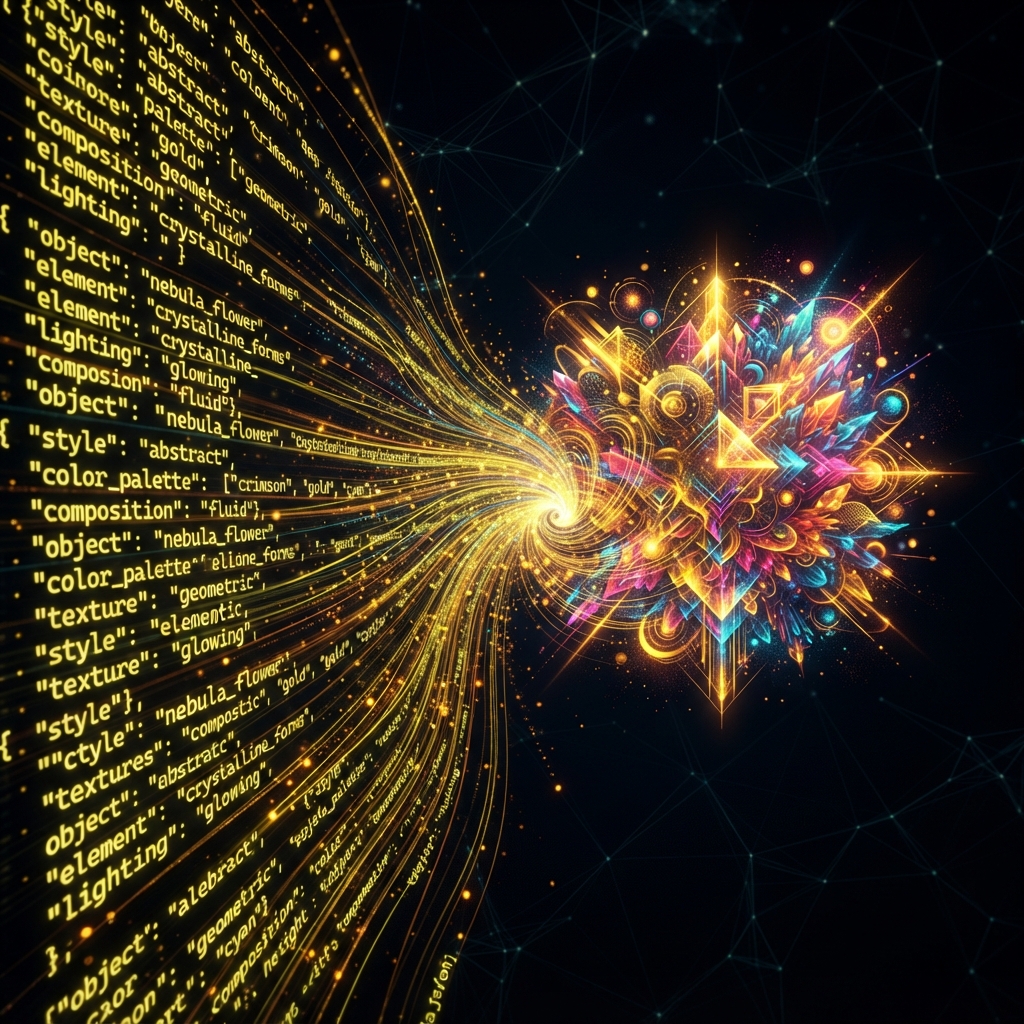AI spec-driven creation — an abstract visualization of structured specifications transforming into finished artwork with neon yellow and amber particles, generated by the AI spec-driven creation tool