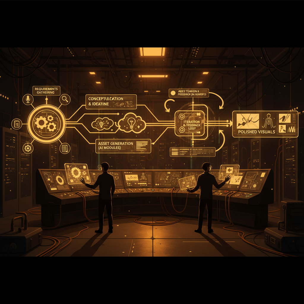 AI spec-driven creation — a spec pipeline of connected nodes turning requirements into polished visuals in a futuristic dark control room with amber lighting, created with the AI spec-driven creation tool