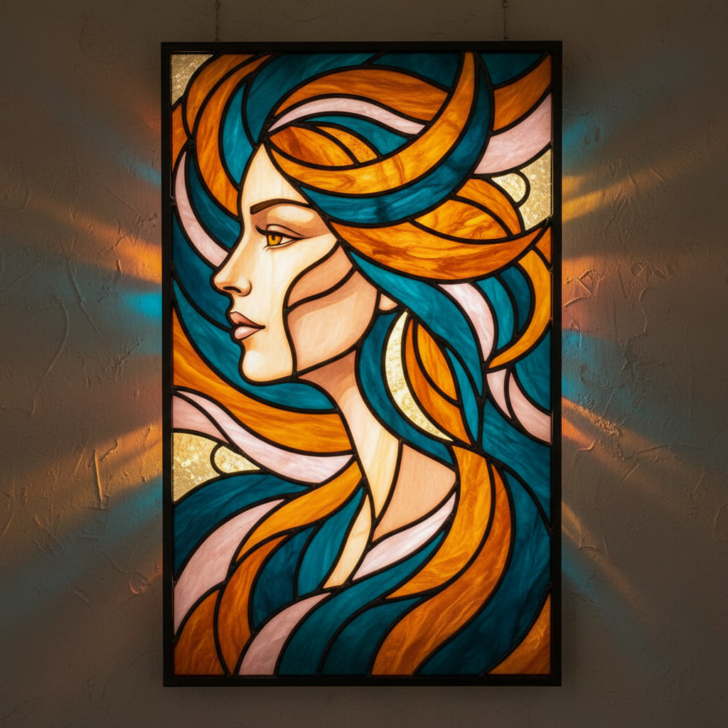 AI stained glass generator result: a leaded portrait panel of a woman in profile, her flowing hair built from teal, amber and pale pink glass pieces, backlit so coloured light falls across the wall behind it