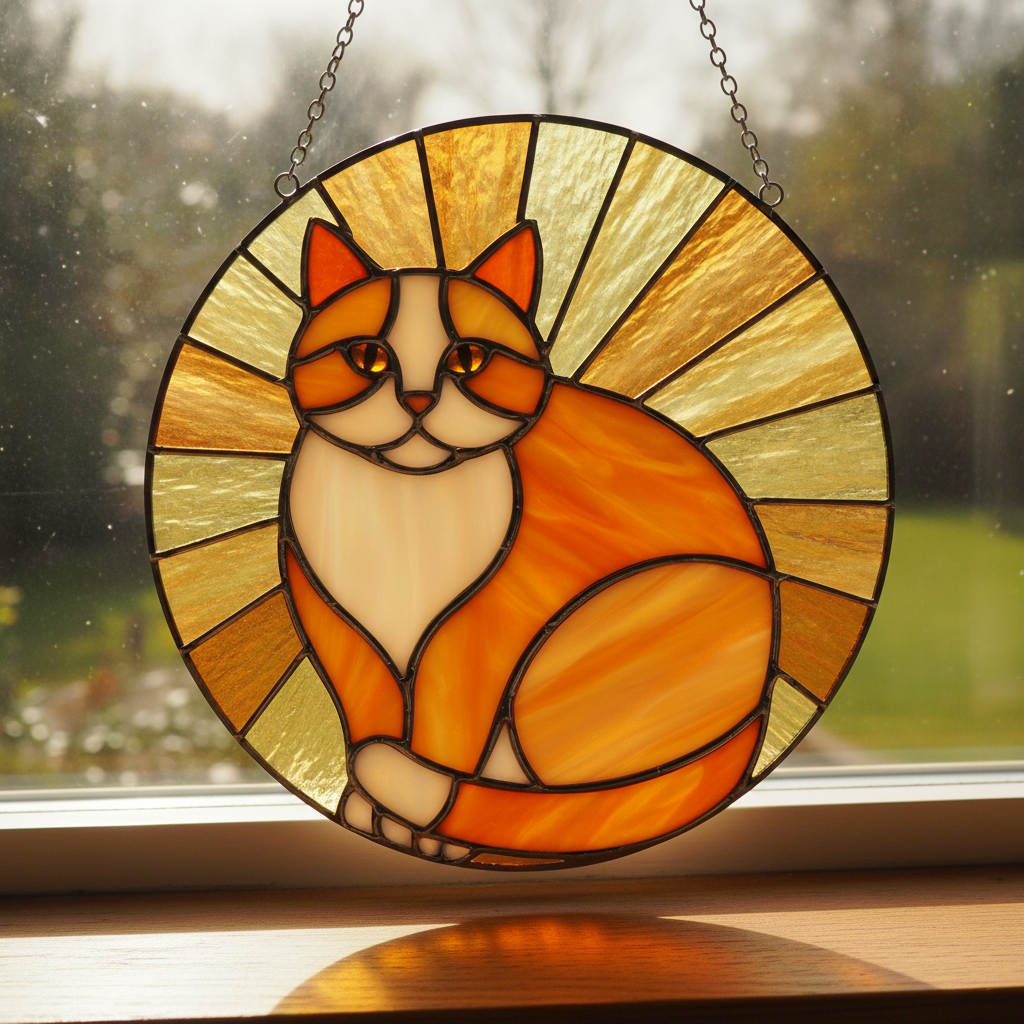 A round stained glass suncatcher of a sitting ginger cat in orange and cream glass, ringed by a fan of pale amber wedges, hanging on chains in a sunlit window