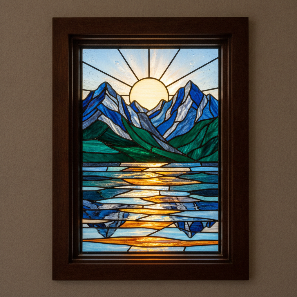 A framed stained glass landscape panel of blue mountains above a lake, with a pale sun in the sky and a gold reflection running down the water in stepped horizontal pieces