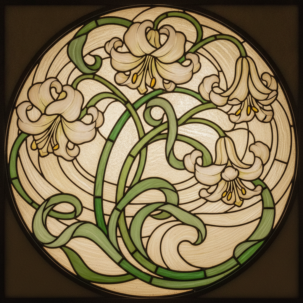 A circular Art Nouveau stained glass panel of cream lilies on curving green stems, the whiplash lead lines sweeping across a pale textured ground