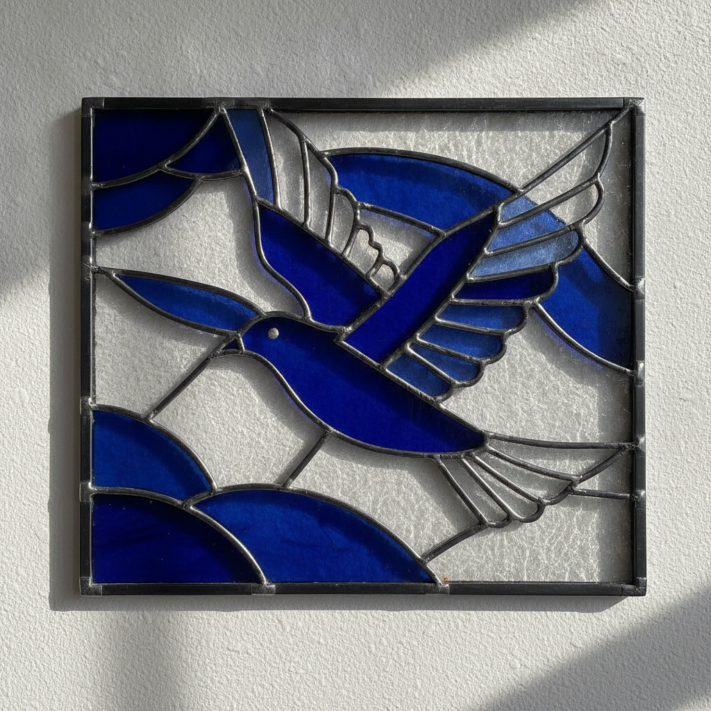 A small square stained glass panel of a flying bird in cobalt blue against clear textured glass, built from only a few large pieces with heavy lead lines, mounted on a white wall