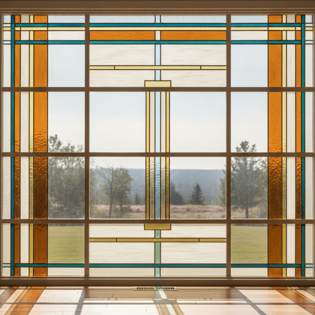 A wide prairie style geometric stained glass window in amber, teal and cream, with straight leaded bands framing a view of trees and open ground beyond