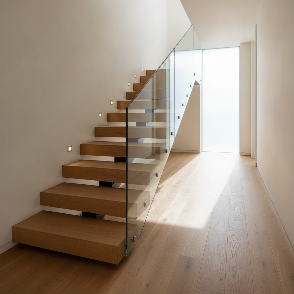 AI staircase design generator result: thick white oak treads cantilevered off a pale plaster wall behind a single raked glass balustrade, in a hallway lit by a tall window at the end. The oak is the convincing part, with square chunky edges, honest grain, a clean shadow under every nosing and small recessed step lights washing the wall beside it. The construction is not. There is no cap rail anywhere along the glass, which is the first thing anybody checks. The open gaps between the treads are several times wider than the 100mm sphere that is allowed to pass through them. And under the lower treads small black steel brackets appear beneath some and not others, so half the flight is cantilevered and half is propped, which is a picture of two different staircases rather than one.