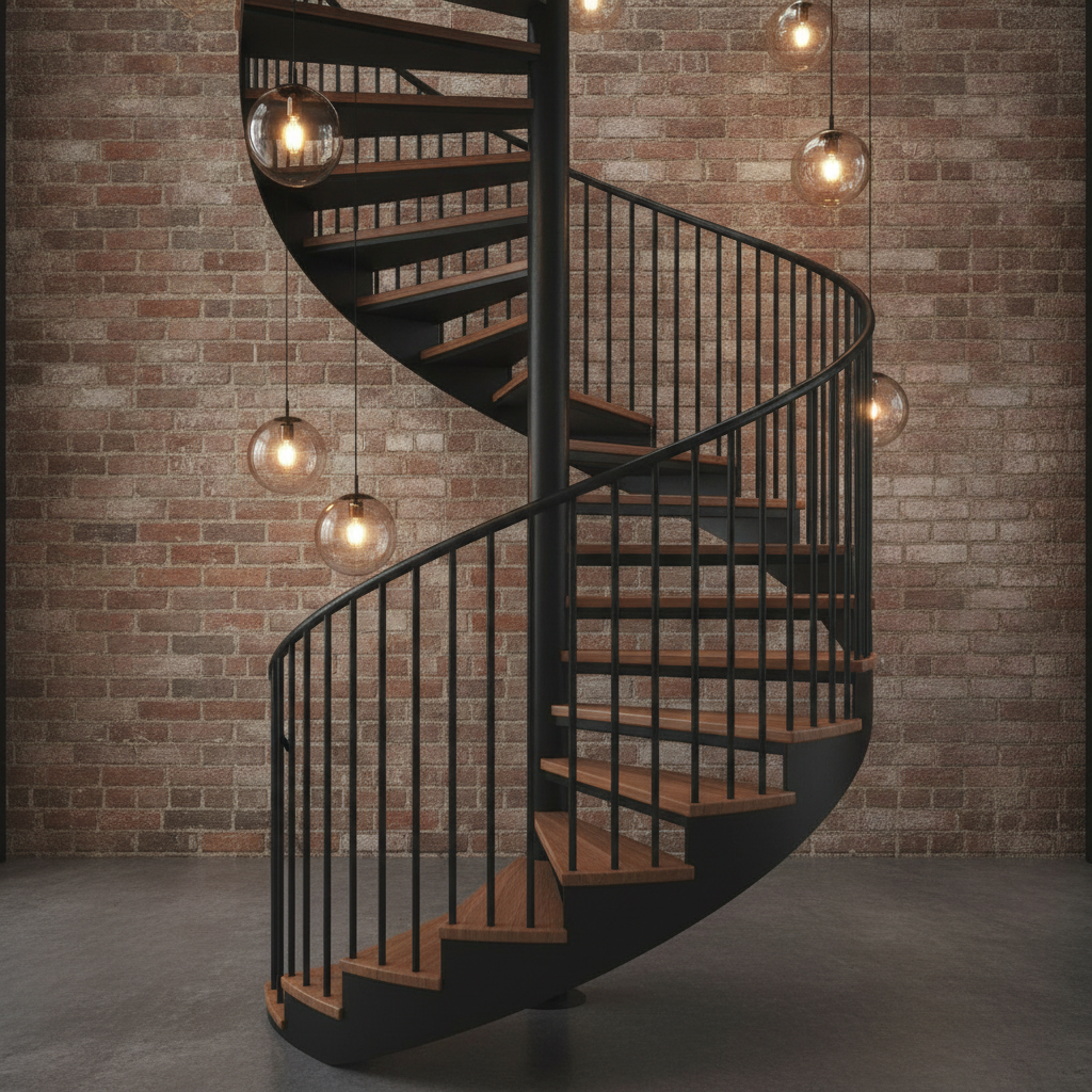 A black powder coated steel spiral with solid walnut treads against exposed brick, and the material work here is genuinely good: the satin finish on the steel, the closely and evenly spaced balusters, the curved handrail following the pitch, the way the helix reads from below. Two failures, both structural. Follow the flight upwards and it simply stops in mid air, with no floor above it, no opening and no landing to arrive at, which is the entire purpose of a spiral. At the bottom the wedge treads flatten into two straight rectangular steps, as though the stair gave up on being a spiral for its last metre. The six glass globe pendants hang at heights somebody would walk into.