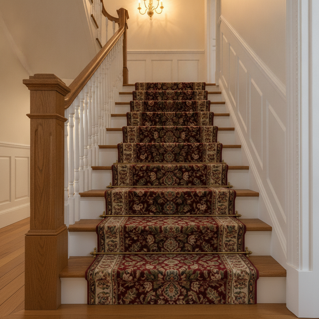 The classic painted flight, and the most quietly accurate image in the set. Off white risers, turned balusters, a chunky oak newel post with a proper cap, a stained handrail rising to a half landing, panelled wainscoting and warm light from a chandelier above. The nosing line is straight and the risers look consistent, which is rarer in a generated staircase than it sounds. The failure is small and typical. The brass stair rods stop after the bottom three steps and the runner continues up the rest of the flight held down by nothing at all. The pattern in the runner also fails to repeat consistently from one tread to the next.