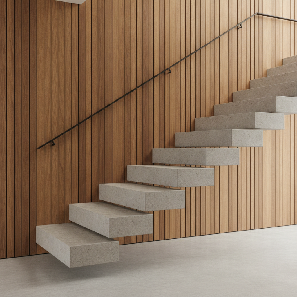 Pale board formed treads projecting straight out of a walnut slatted wall with nothing underneath them, which is what a cantilevered stair is meant to look like and precisely why it is the hardest kind to judge from a picture. The slabs, the wall and the shadow gaps are all beautiful. Three things a designer would send straight back: there is no guarding of any kind on the open side, which is an unprotected drop; the black handrail runs on past the bottom step by something close to two metres and ends in mid air instead of returning to the wall; and around the middle of the flight the slabs visibly change depth at a butt joint, so the going shifts partway up a stair where every going has to match.