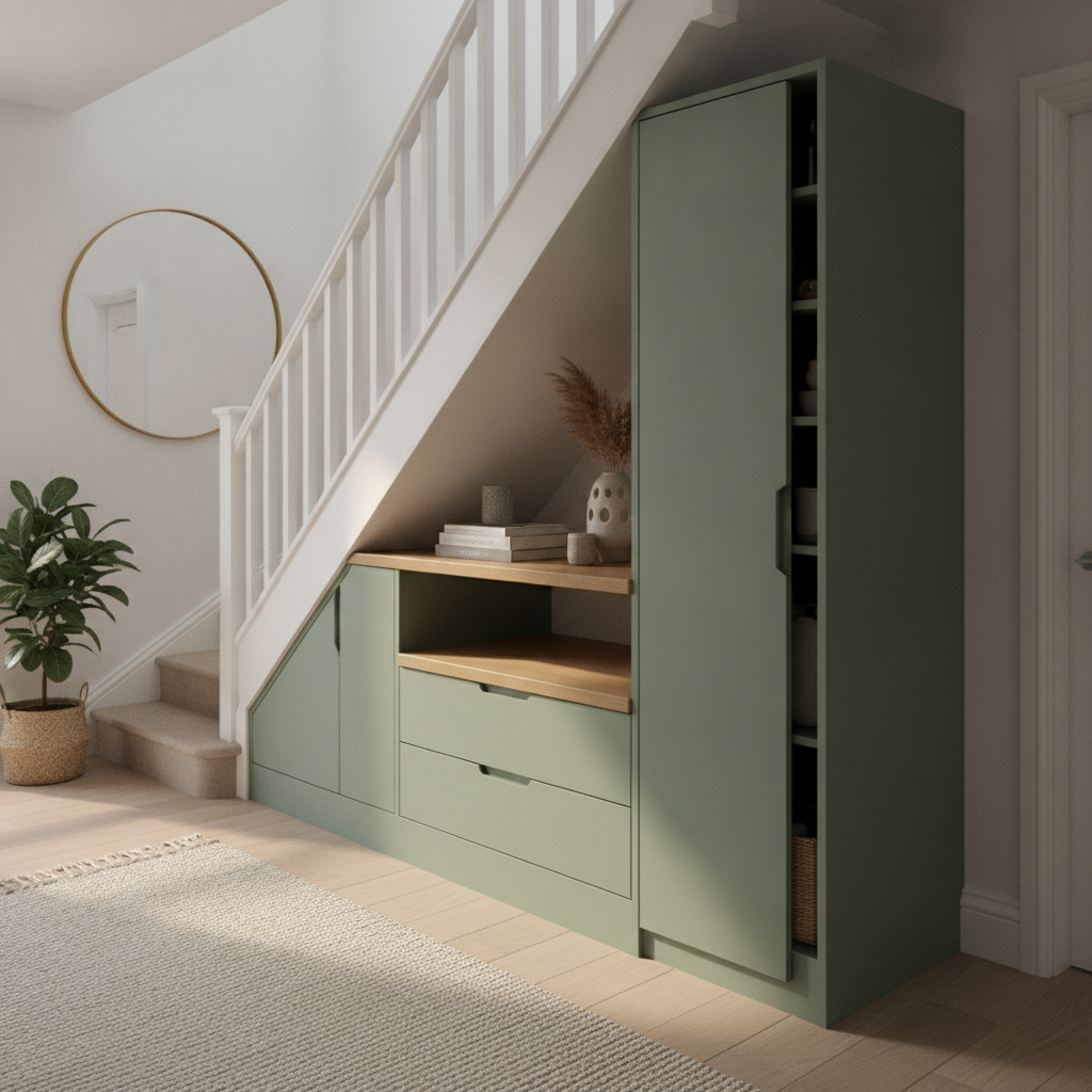 The under-stair joinery preset, and the most immediately useful picture on this page. Sage green cabinetry fills the triangle beneath a painted flight, the door under the low end is cut to the rake, the oak worktop nook is genuinely well proportioned and the tall unit at the high end is shown pulled out with its shelves loaded. A joiner would still send back two things. The tall unit is taller than the staircase beside it and stands clear of the flight altogether, so it is a wardrobe parked next to the stair rather than joinery built into it. And the lower oak shelf runs straight across the front of both drawers, which means neither drawer can open. The bench seat that was asked for never arrived.