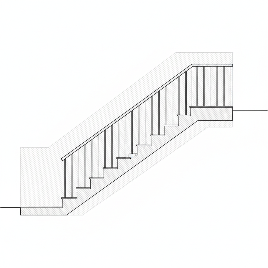 The fabrication view: a flat line elevation of a straight flight with a half landing, drawn square with light hatching for the floor levels. This is much closer to how a staircase decision actually gets communicated than any of the room shots above, and it kept text out of the frame, which these models rarely manage. It is also missing the only thing that makes an elevation buildable, which is numbers. No rise, no going, no handrail height, no overall run. The baluster spacing drifts as well, wide through the middle of the flight and tight at the top, and there is a half sized step near the centre of the run that no builder would accept.