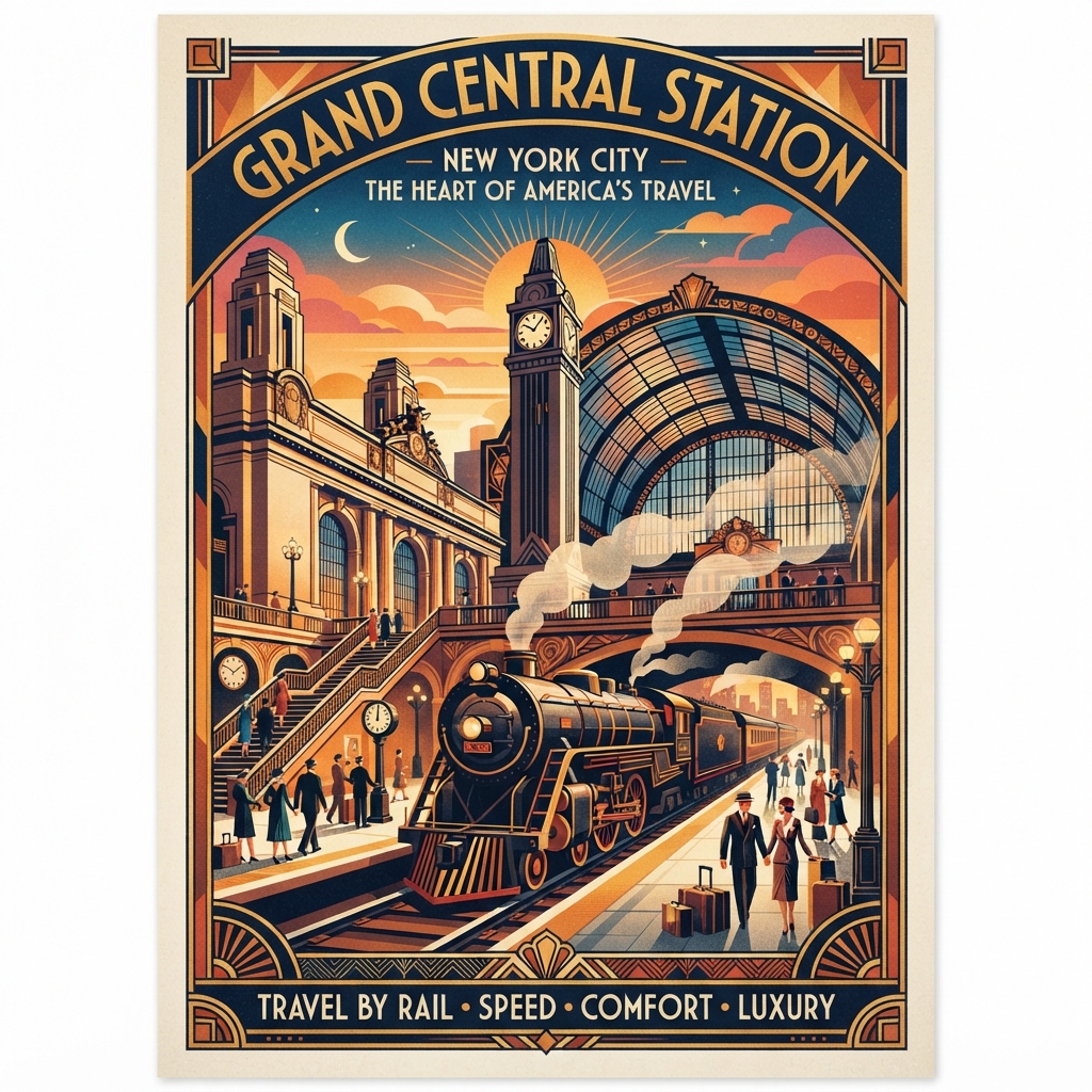 AI station-style art — a vintage Art Deco transit station travel poster with a stylized locomotive and grand station hall in warm sunset tones, created with the AI station-style art generator
