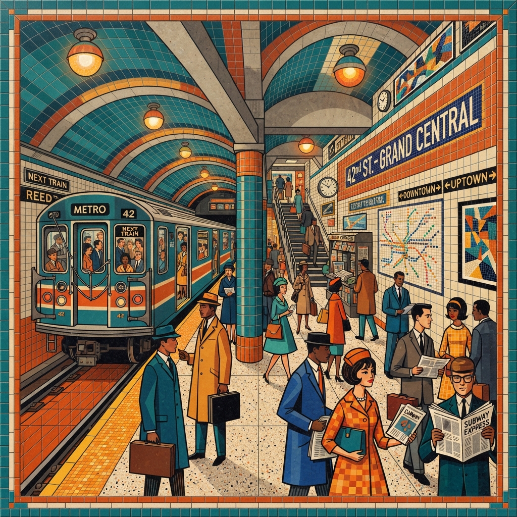 AI station-style art — a colorful retro subway station mosaic mural of a bustling metro platform in teal and orange, made with the AI station-style art generator