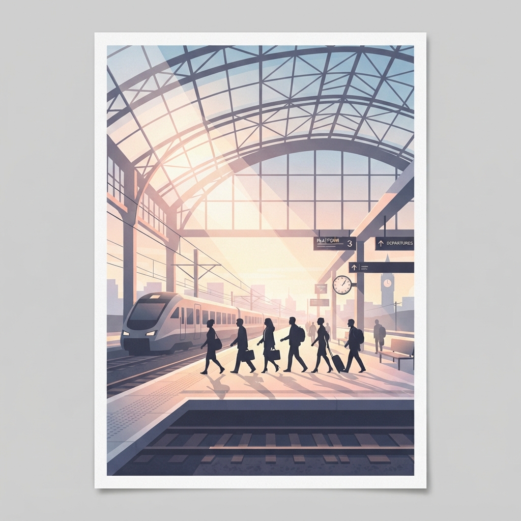 AI station-style art — a minimalist modern train station poster with silhouette travelers and dramatic morning light through a glass roof, generated by the AI station-style art generator