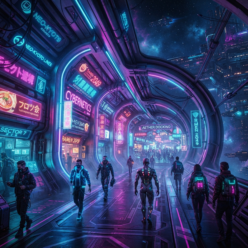 AI station-style art — a cyberpunk futuristic space-station interior with neon-glowing corridors and holographic signage in deep blue and magenta, created with the AI station-style art generator