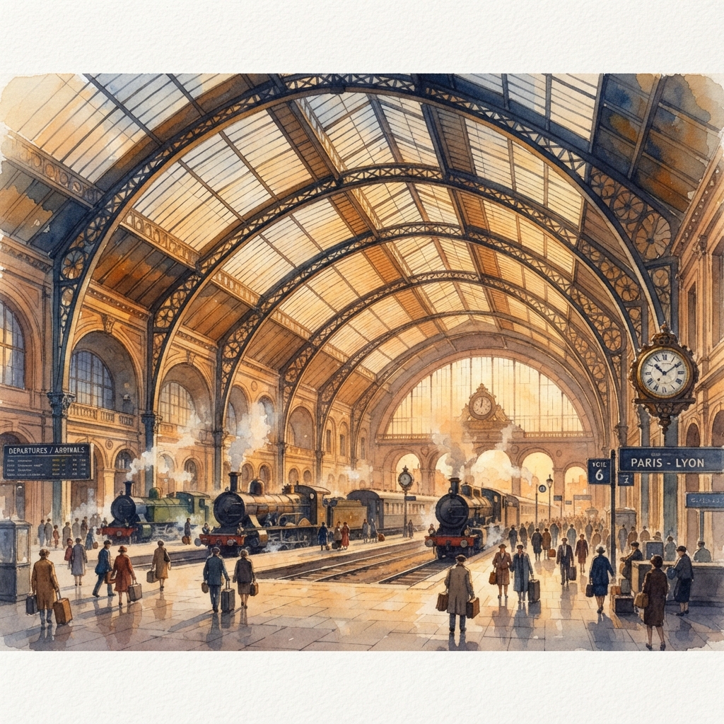 AI station-style art — a watercolor painting of a grand European railway station interior with an arched iron-and-glass ceiling in golden hour light, made with the AI station-style art generator