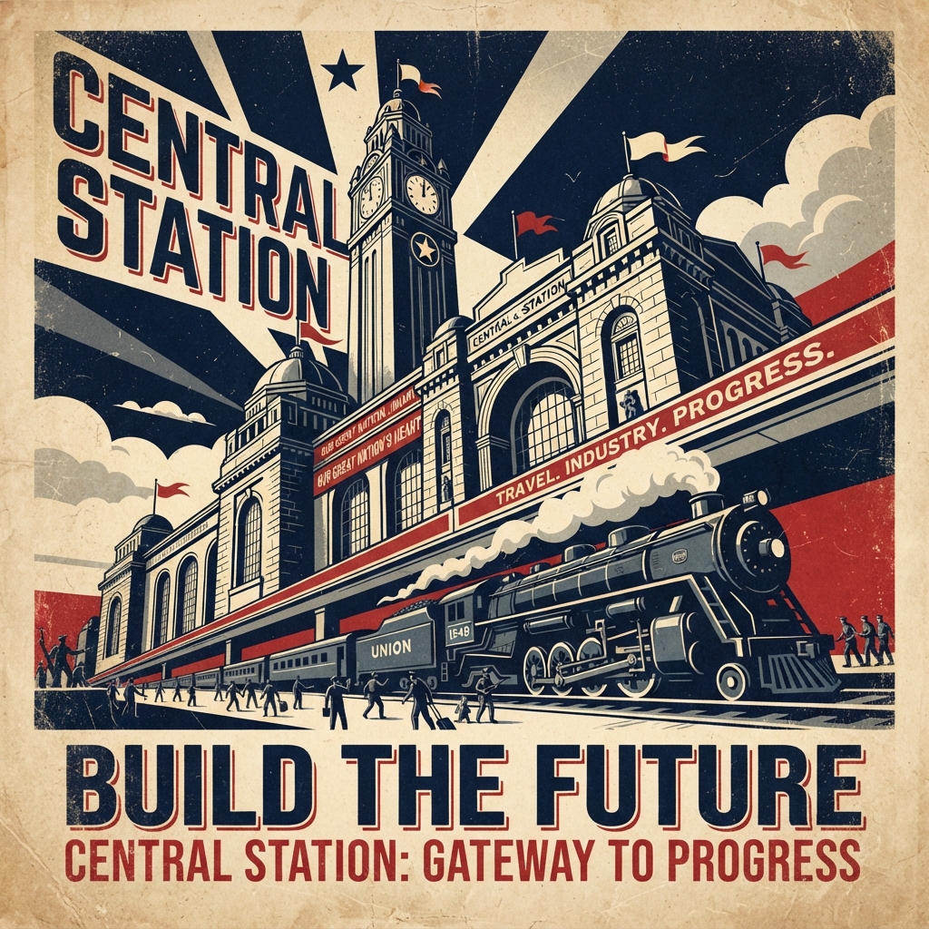 AI station-style art — a bold propaganda-style poster of a majestic central station with strong diagonals in red, cream and navy, created by the AI station-style art generator