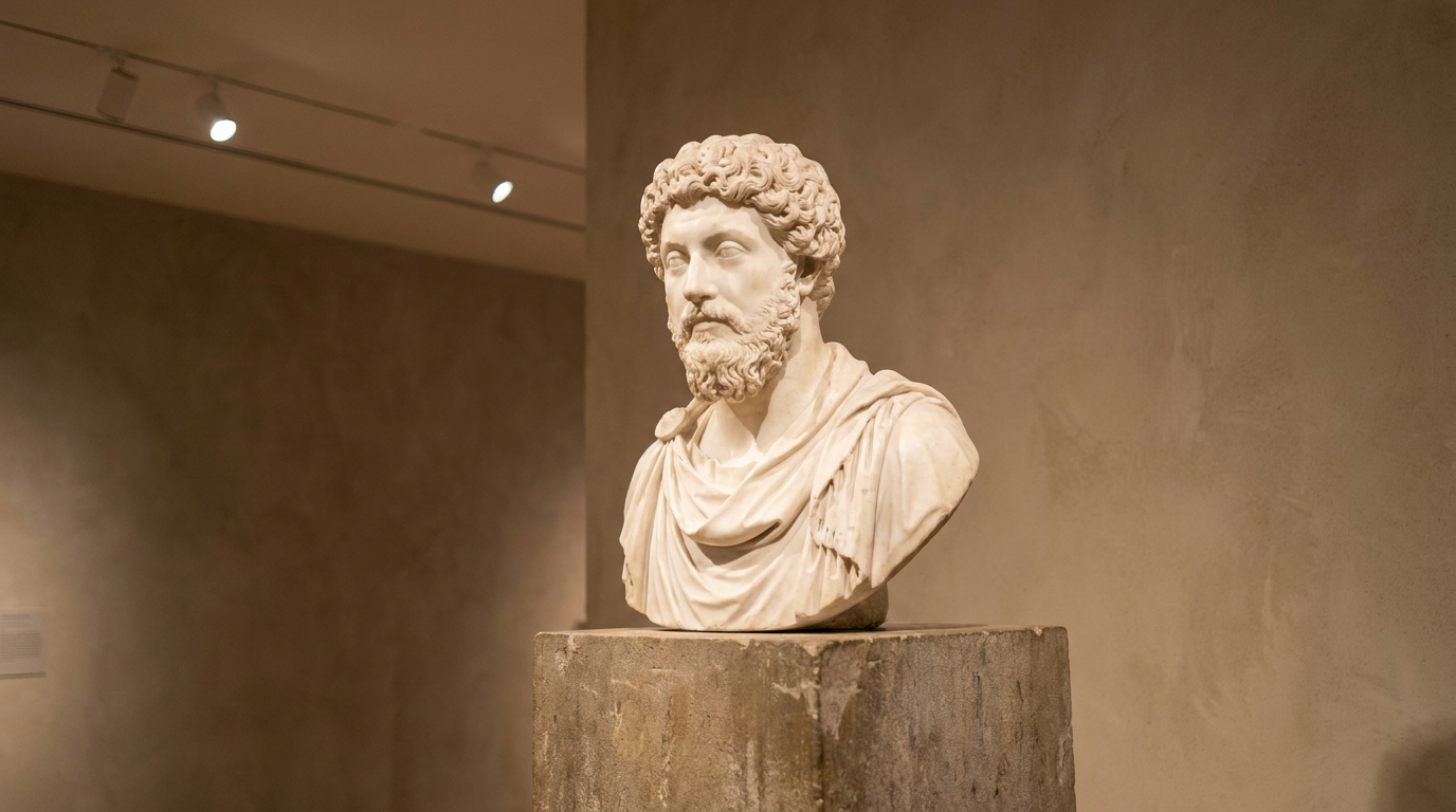 AI statue generator result showing a person turned into a white Carrara marble bust with the real face preserved in polished stone in a museum gallery