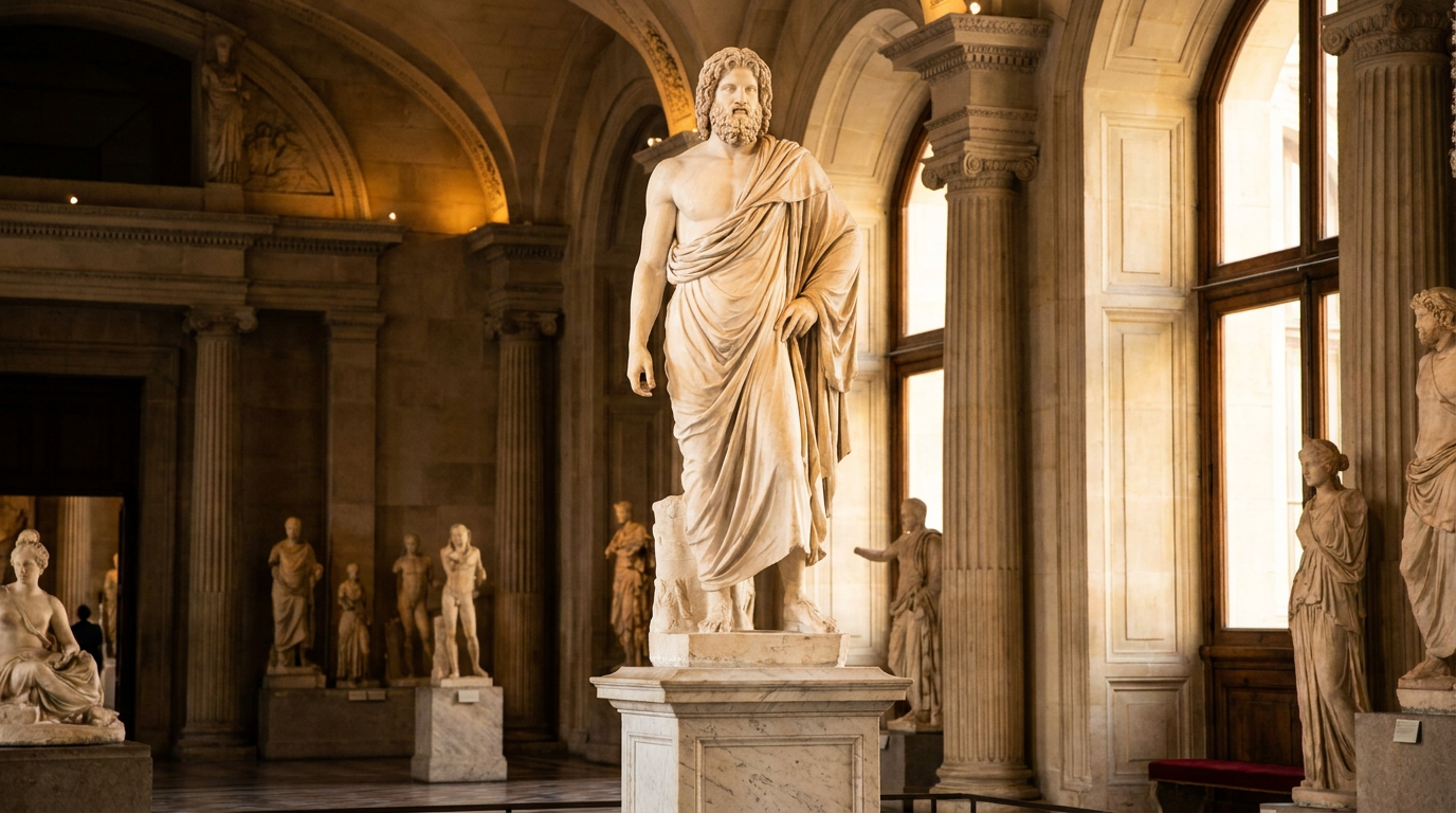 AI statue generator result showing a man as a full-body white marble Greek god statue in a flowing toga on a pedestal in a grand museum hall