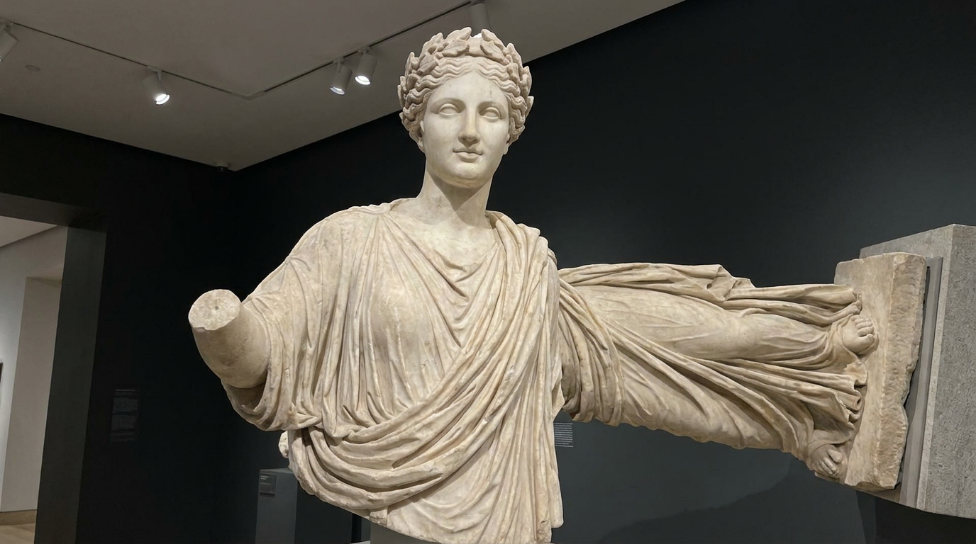 AI statue generator result showing a woman as a white marble Greek goddess statue with draped robes and a laurel wreath against a dark background