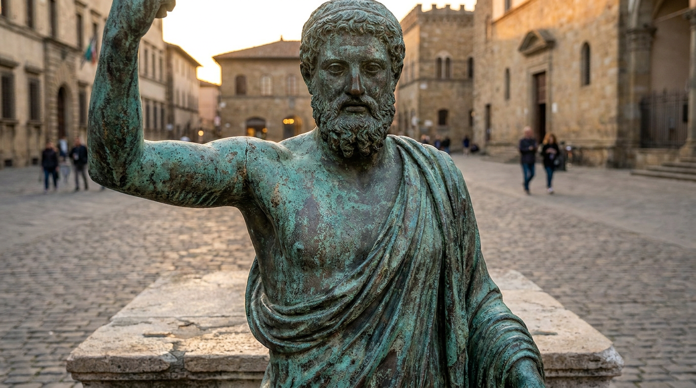 AI statue generator result showing a person as a weathered ancient bronze statue with green verdigris patina standing on a stone plinth outdoors