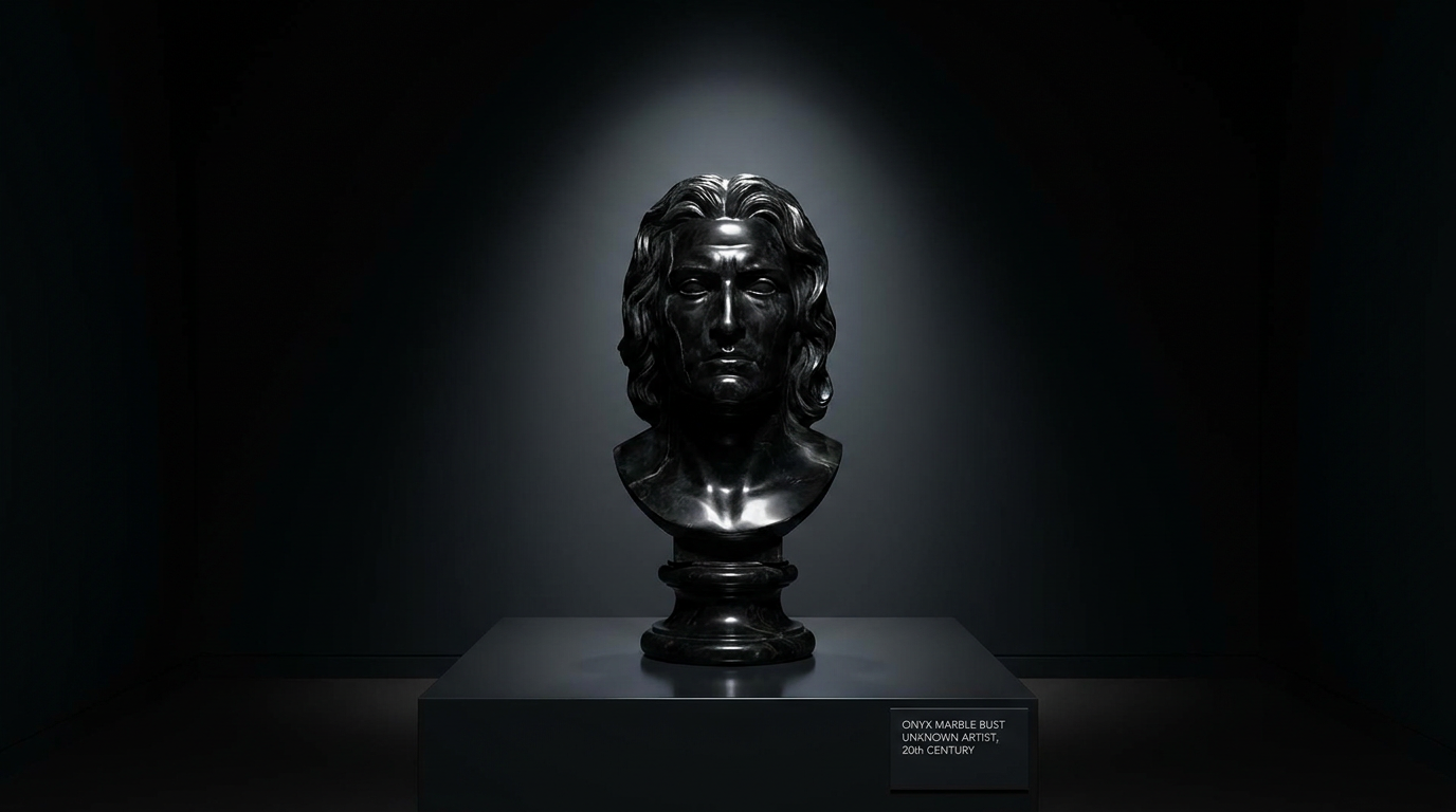 AI statue generator result showing a person as a glossy black onyx marble bust under a single spotlight in a dark modern art gallery
