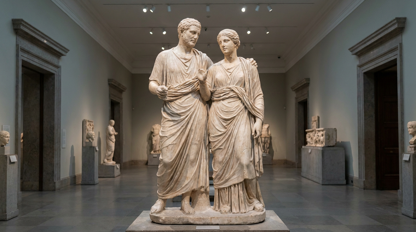 AI statue generator result showing a couple as two white marble Greek statues in draped robes posed together in a museum hall