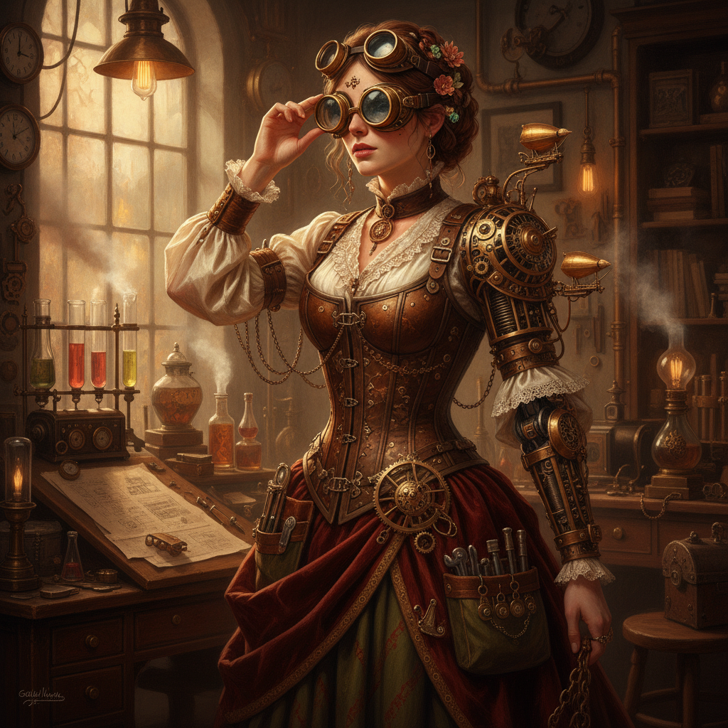 AI steampunk art generator result showing a Victorian inventor woman wearing brass goggles and a leather corset with mechanical gears in warm copper and bronze tones