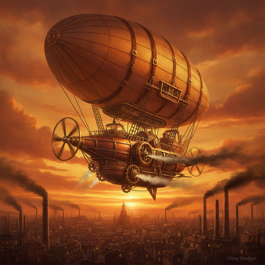 AI steampunk art generator result showing a brass airship with propellers and balloon rigging floating above a Victorian industrial city under a golden sunset