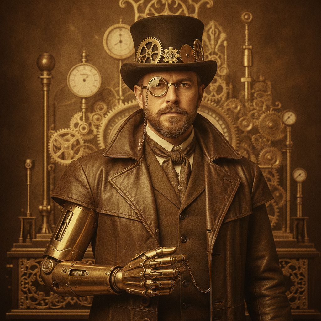 AI steampunk art generator result showing a gentleman explorer character with a brass mechanical arm, top hat with gears, monocle, and leather coat