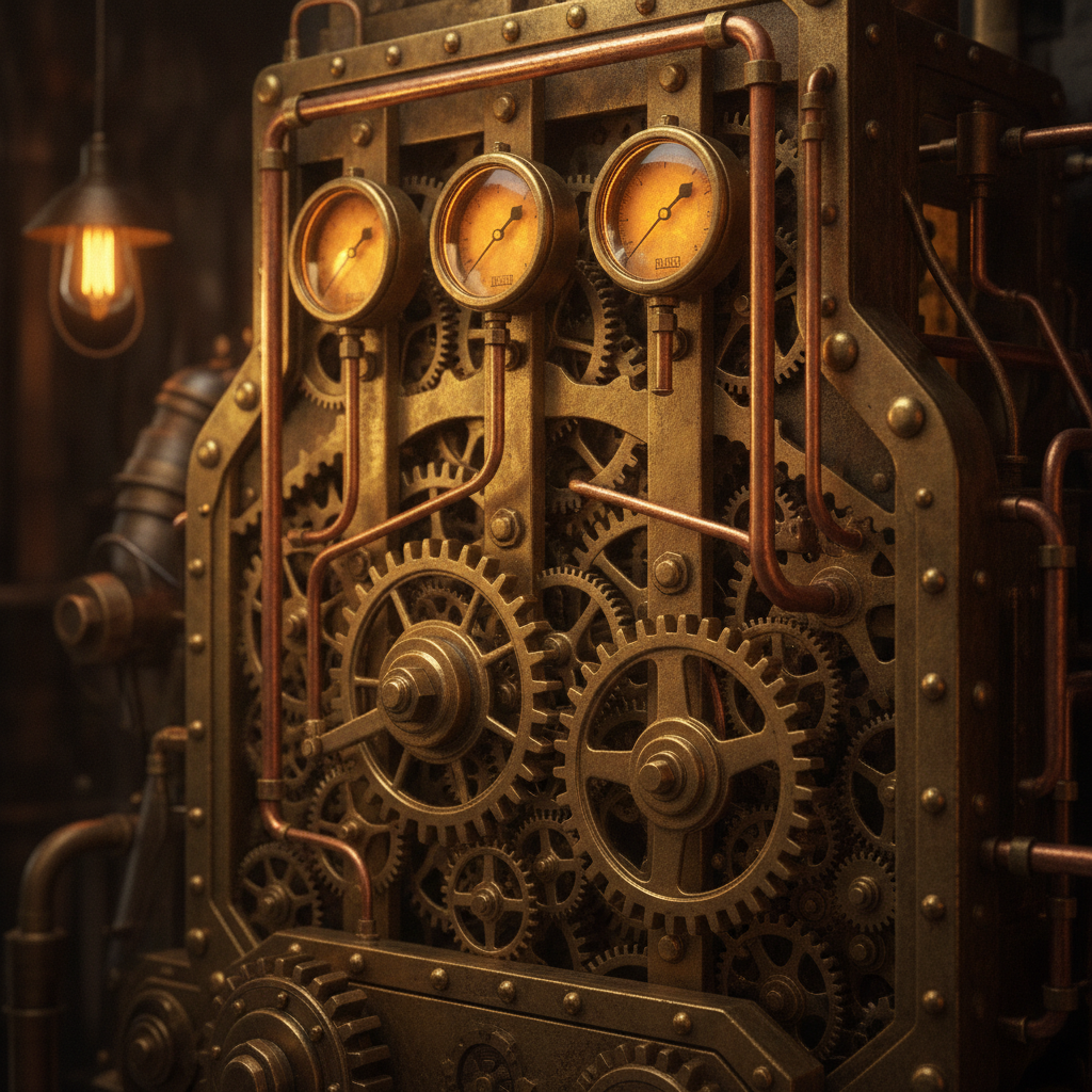 AI steampunk art generator result showing an intricate brass clockwork mechanism with interlocking gears, copper pipes, and glowing amber gauges