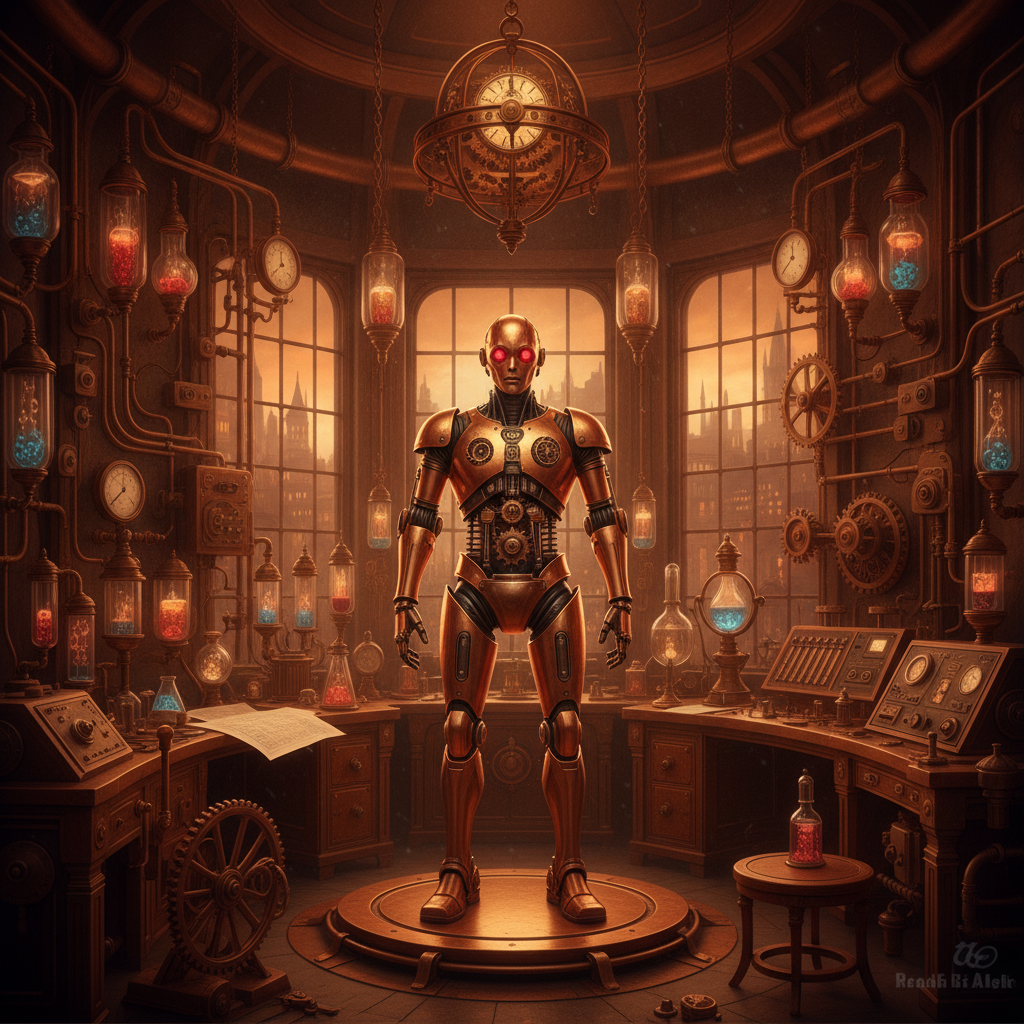 AI steampunk art generator result showing a Victorian sci-fi laboratory with brass pipes, glass vacuum tubes, gauges, and a mechanical robot automaton
