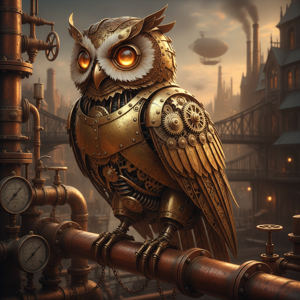 AI steampunk art generator result showing a mechanical brass owl with clockwork wings and glowing amber eyes perched on a copper pipe