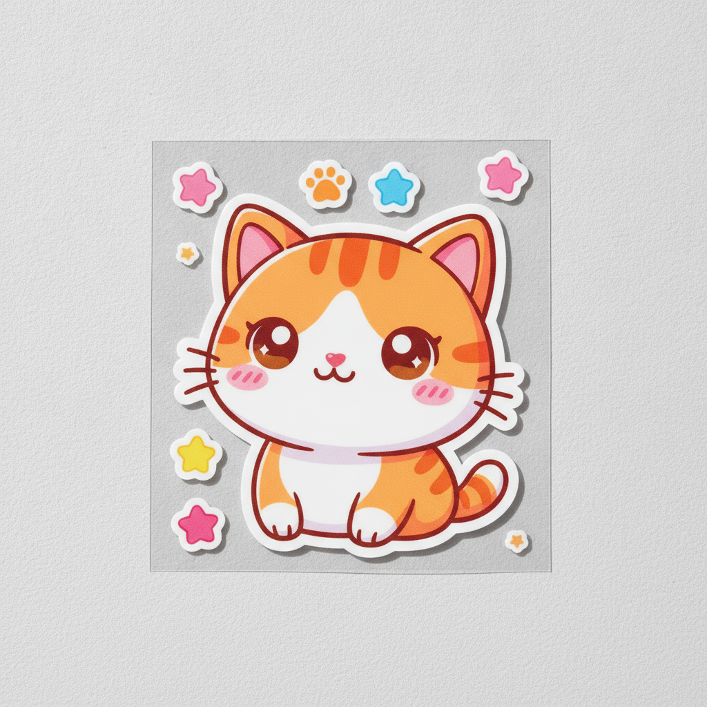 AI sticker generator result showing a cute smiling cartoon cat die-cut sticker with a thick white border and glossy vinyl finish