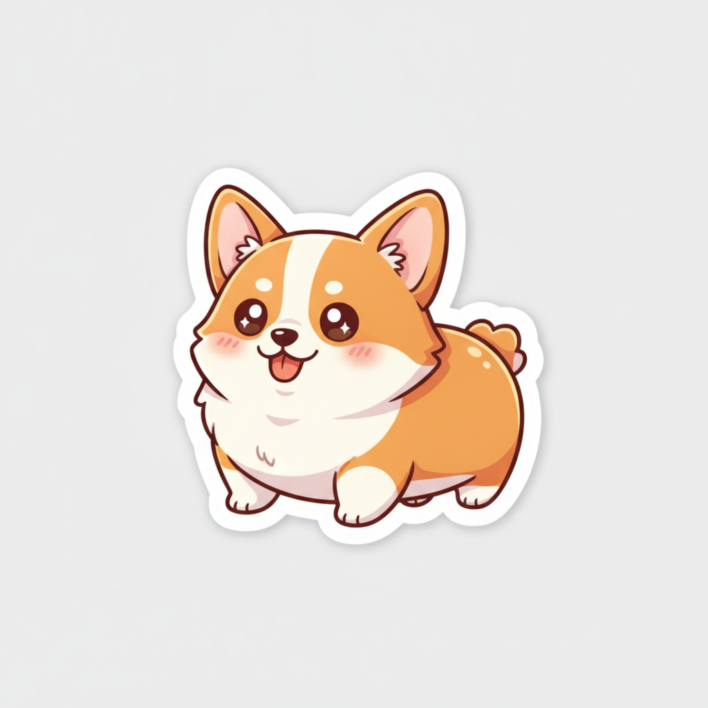 AI sticker generator result showing an adorable chibi corgi dog die-cut sticker with a thick white outline and bright colors
