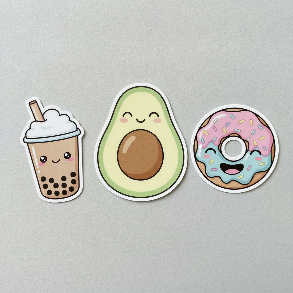 AI sticker generator result showing a kawaii food sticker pack with a smiling avocado, happy donut, and boba tea, each with a white border