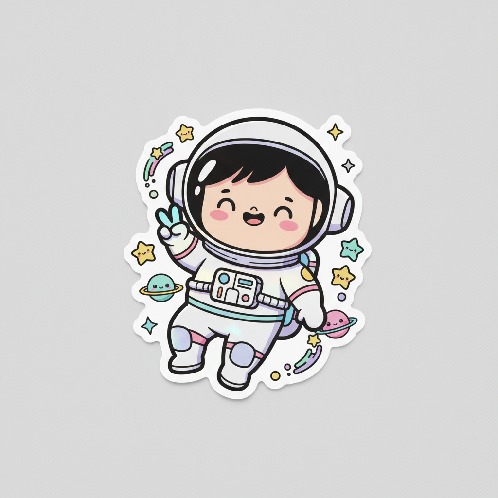 AI sticker generator result showing a cute cartoon astronaut die-cut sticker with a holographic glossy finish