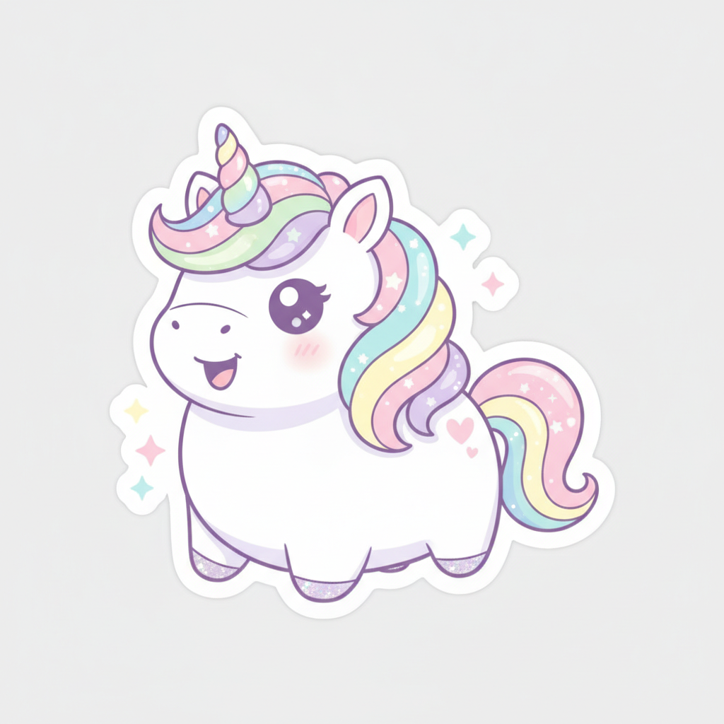 AI sticker generator result showing a cute magical unicorn die-cut sticker with a rainbow mane and pastel sparkles