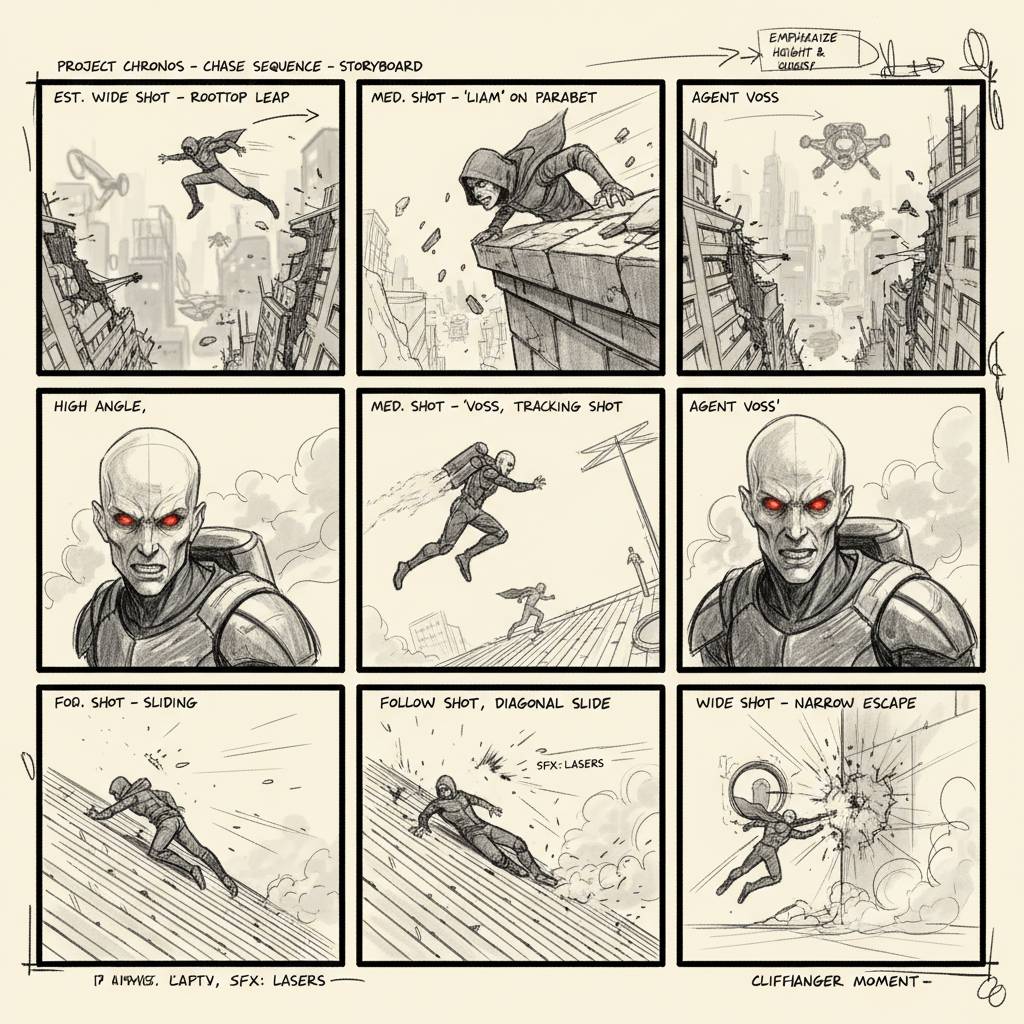 AI storyboard creator banner — professional 6-panel film storyboard grid with hand-drawn cinematic chase sequence, character action poses, camera angle annotations, and director margin notes