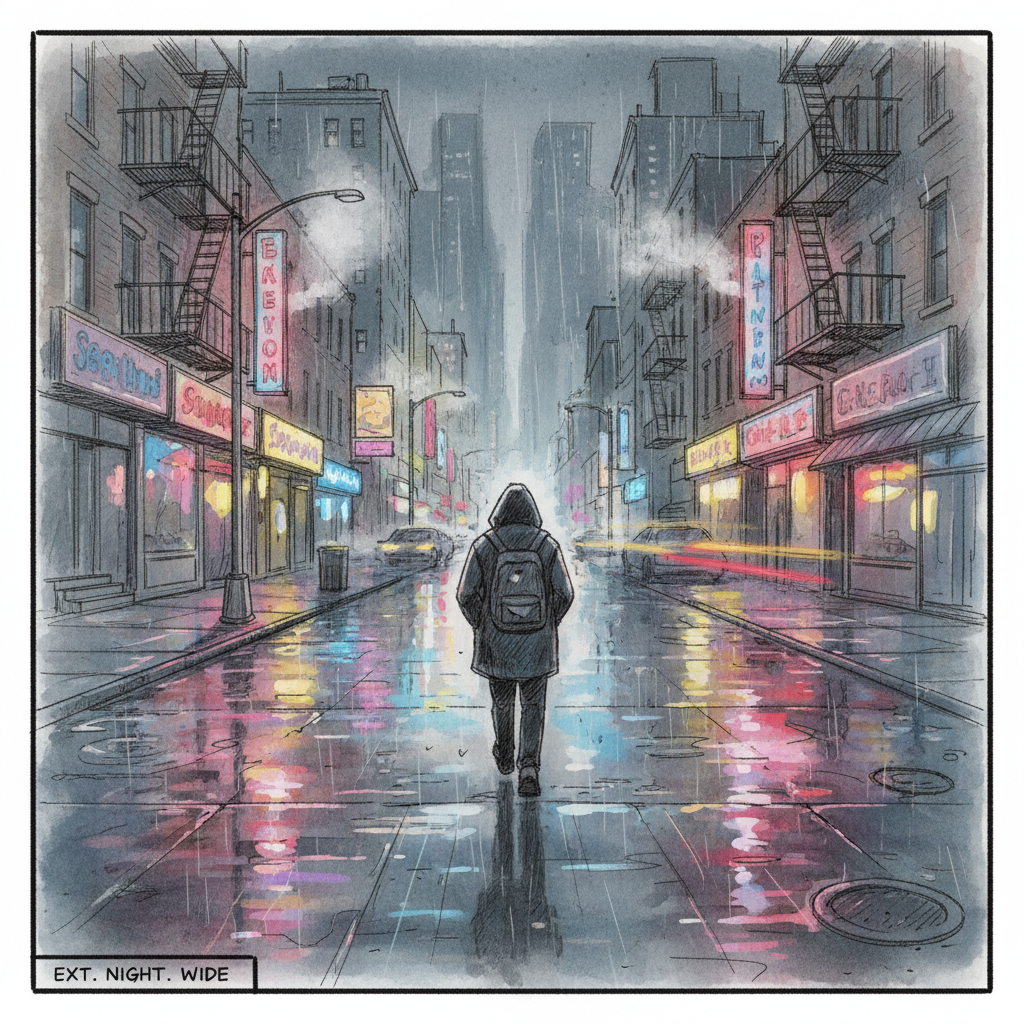 AI storyboarding panel — wide establishing shot of a moody rainy city street at night, neon reflections on wet pavement, lone hooded figure walking, EXT NIGHT WIDE shot label, AI for film preproduction