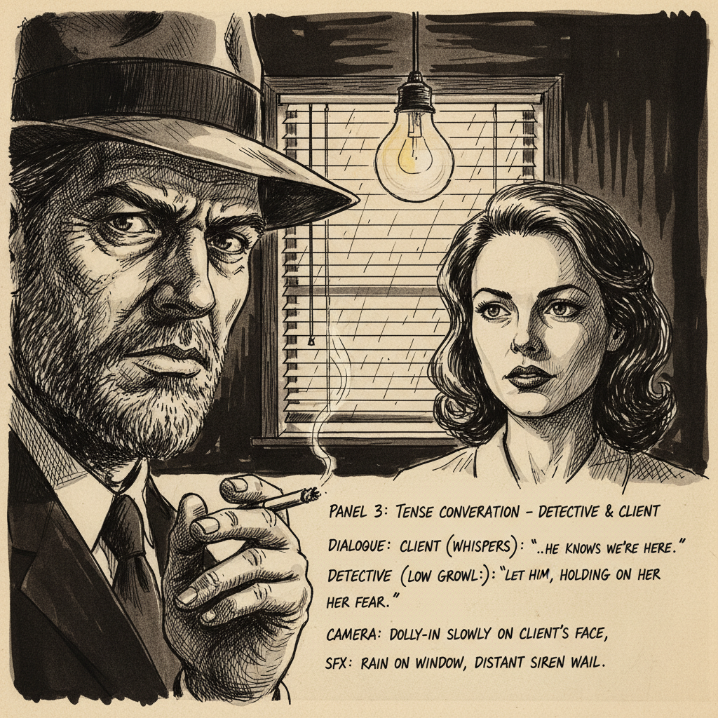 AI script visualization storyboard — close-up dramatic over-the-shoulder panel of a tense conversation in a dim detective office, hand-drawn ink style with dialogue and dolly-in camera notes