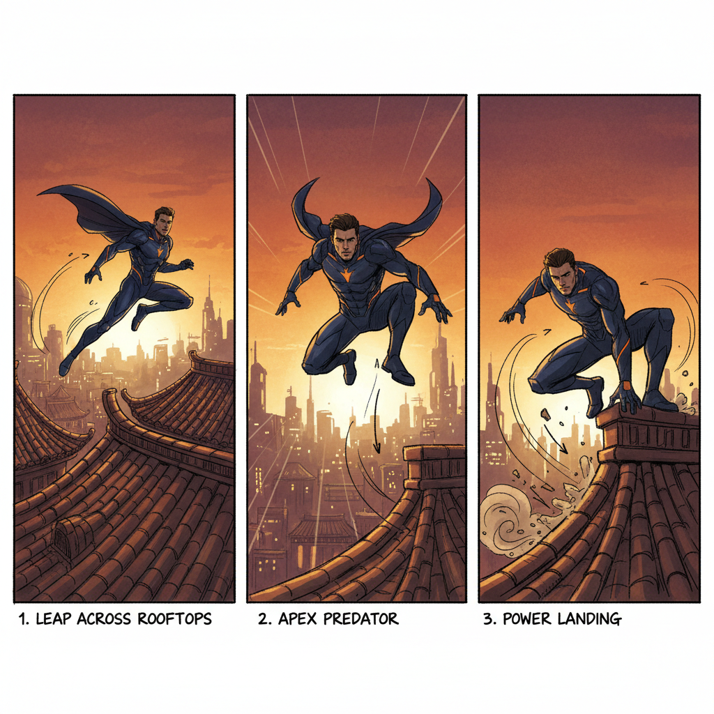 AI film planning storyboard sequence — three connected panels of a hero leaping across rooftops at golden hour, motion arrows, low-angle hero shot mid-jump, hand-drawn marker style with color washes