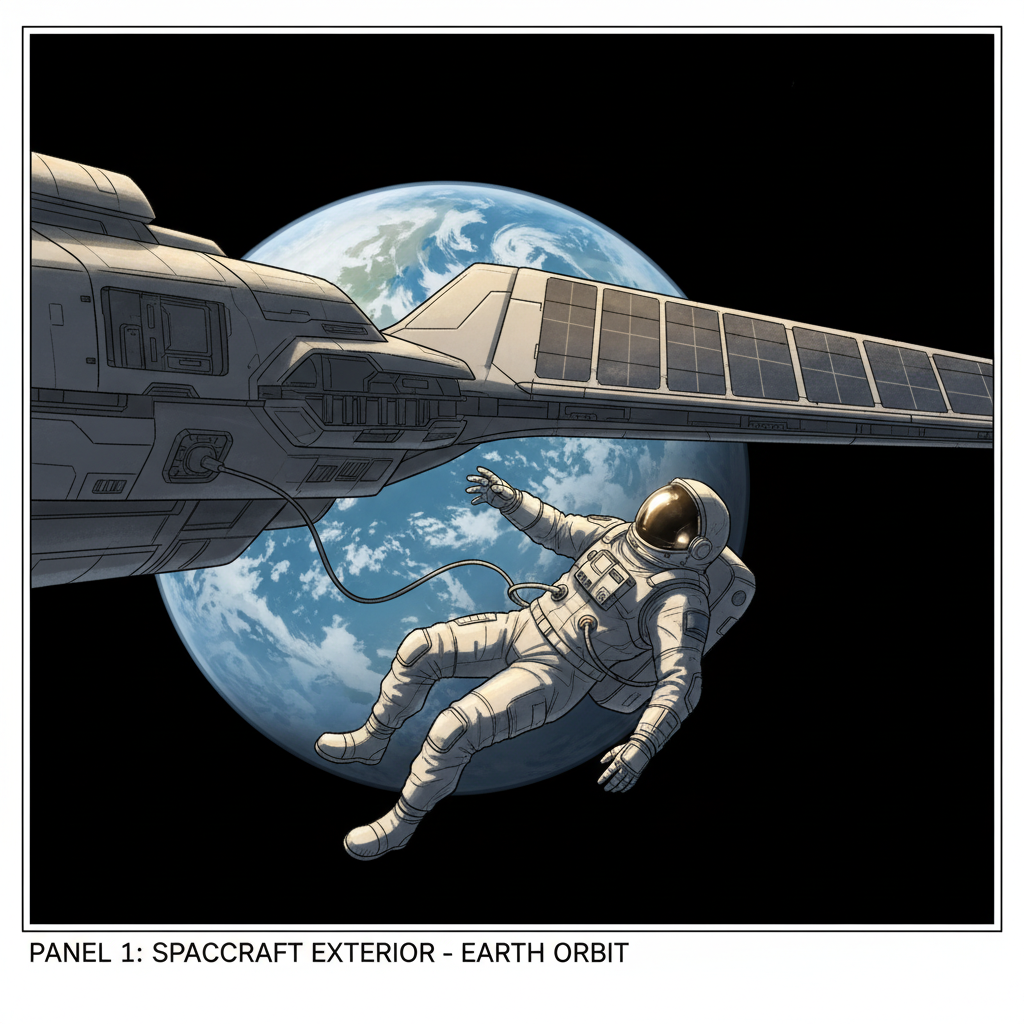 AI storyboard creator gallery — four sci-fi cinematic storyboard panels: astronaut floating outside spacecraft, helmet visor close-up, cockpit interior with red warning lights, wide shot drifting toward unknown planet
