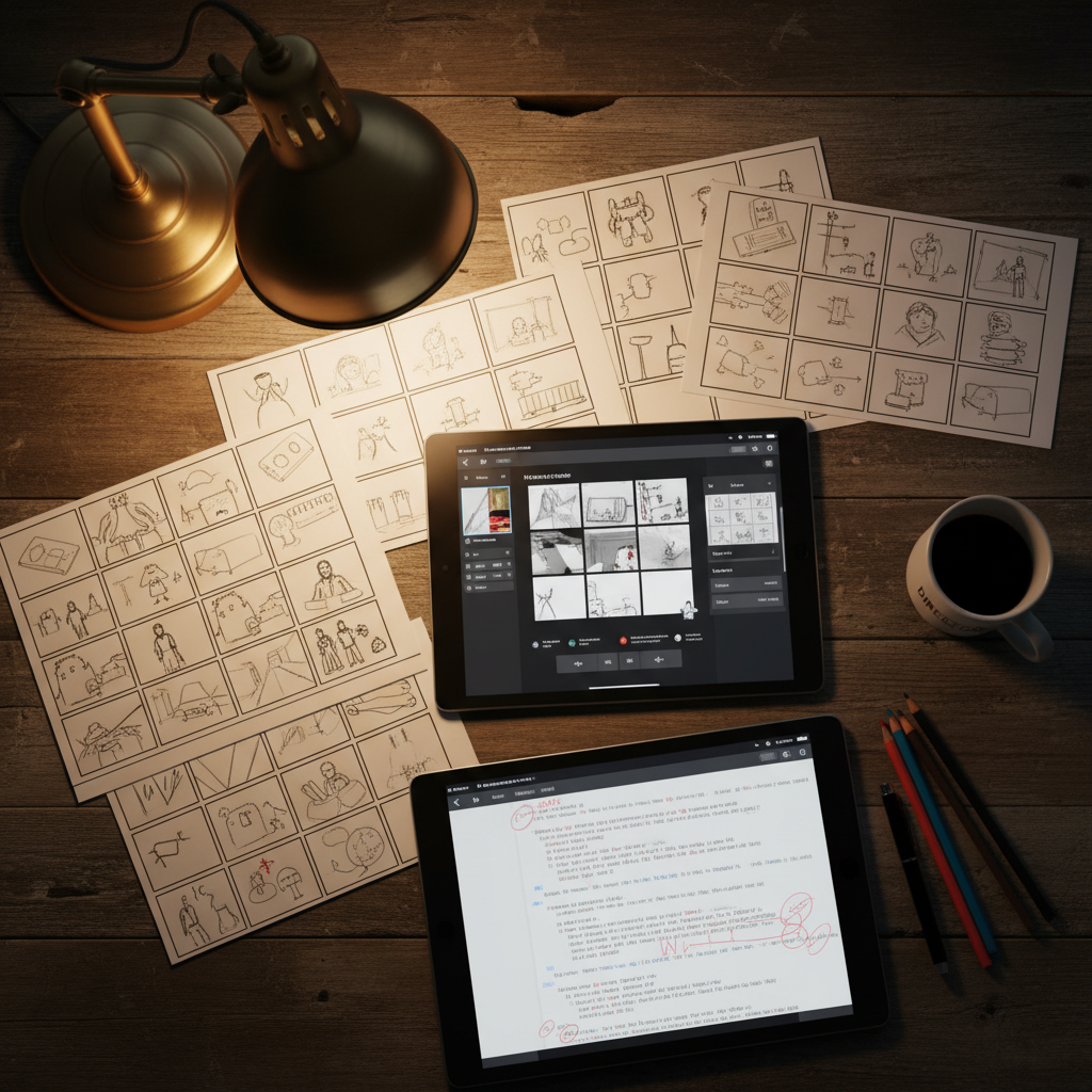 AI storyboarding workspace overview — top-down view of director desk with printed storyboard pages, tablet showing AI storyboard creator interface, coffee mug, pencils, script with margin notes, AI script visualization workflow