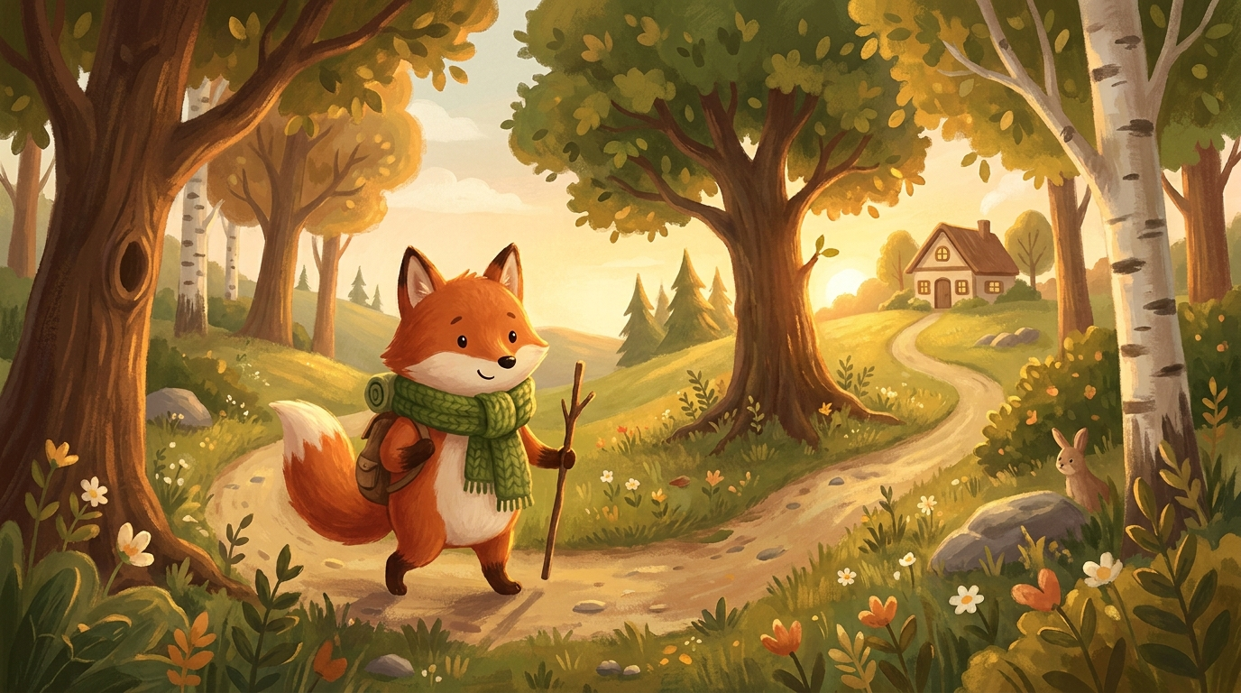 Hand-painted storybook illustration of a red fox in a scarf on a woodland path at golden hour