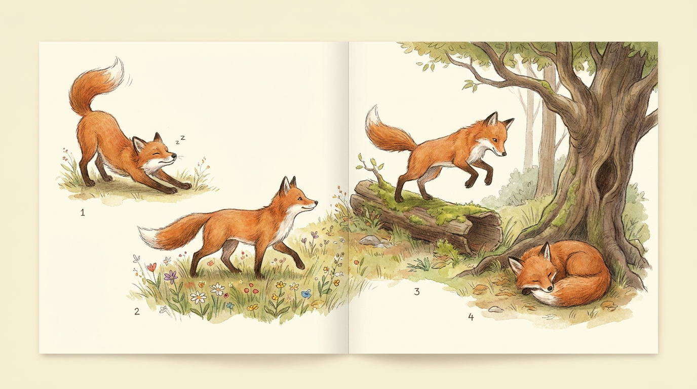Two-page storybook spread showing the same fox character in four sequential poses