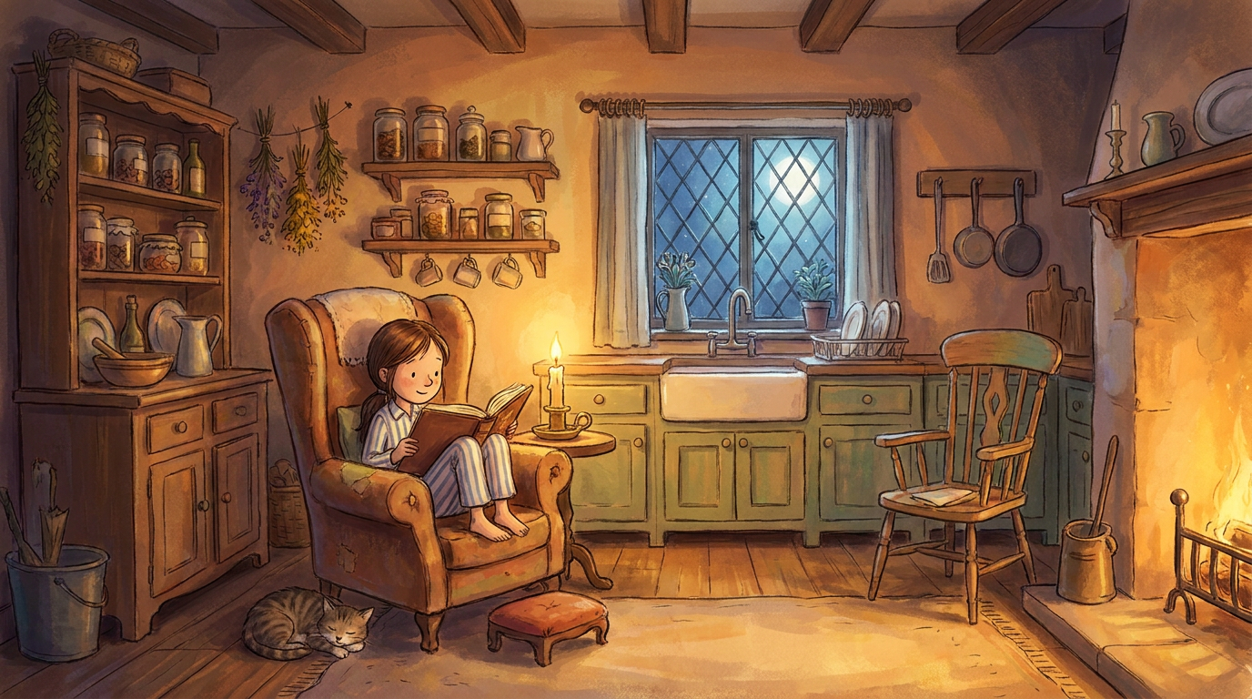 Cozy candlelit cottage kitchen storybook illustration of a girl reading in pyjamas