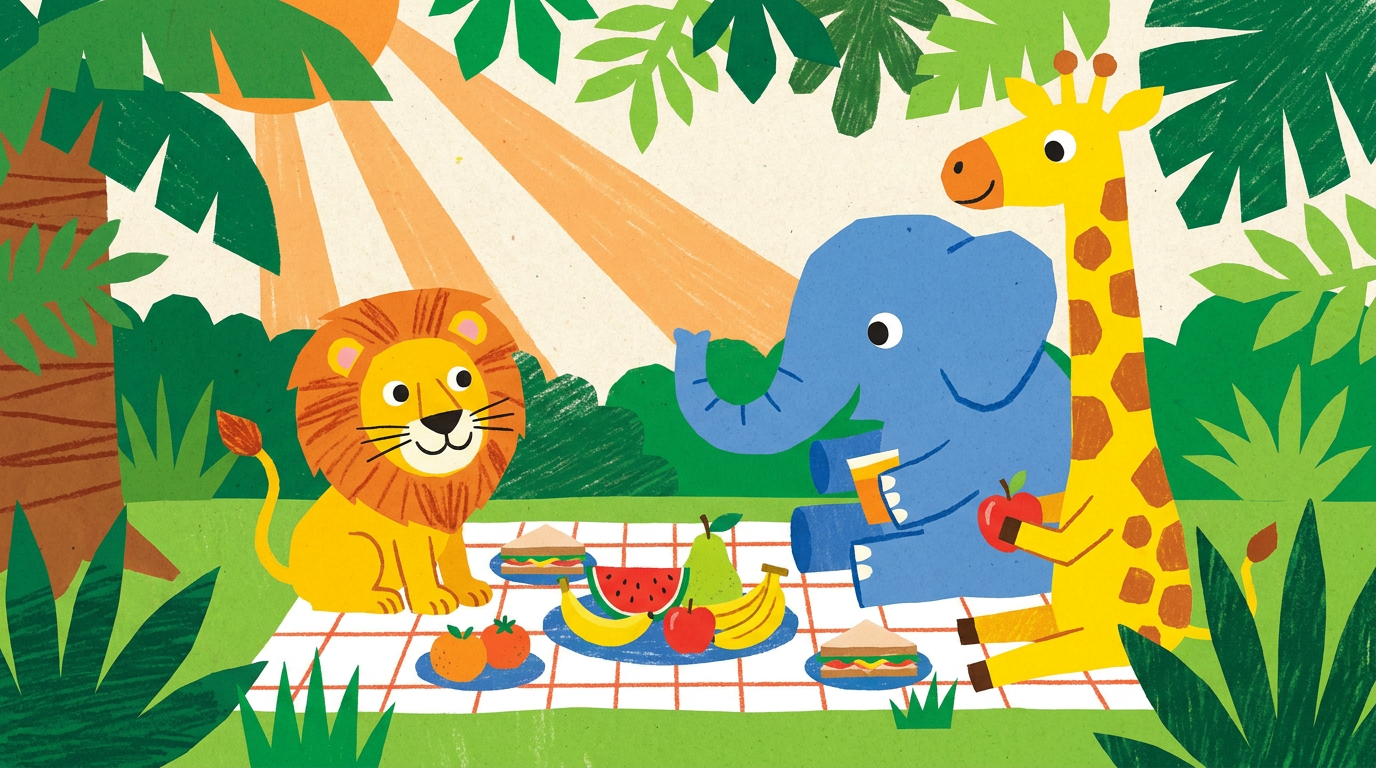 Bright cartoon picture-book illustration of jungle animals having a picnic