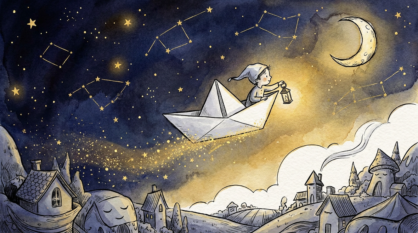 Dreamy bedtime storybook illustration of a child sailing a paper boat across a starry sky