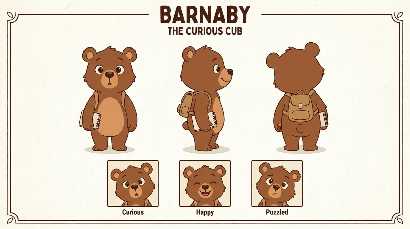 Storybook character sheet of a bear cub drawn from three angles with three expressions